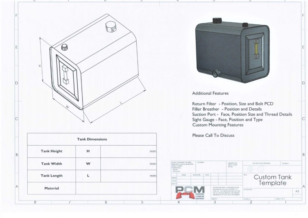 Bespoke Tank Dimensions Specification sheet PCM Transport & Handling